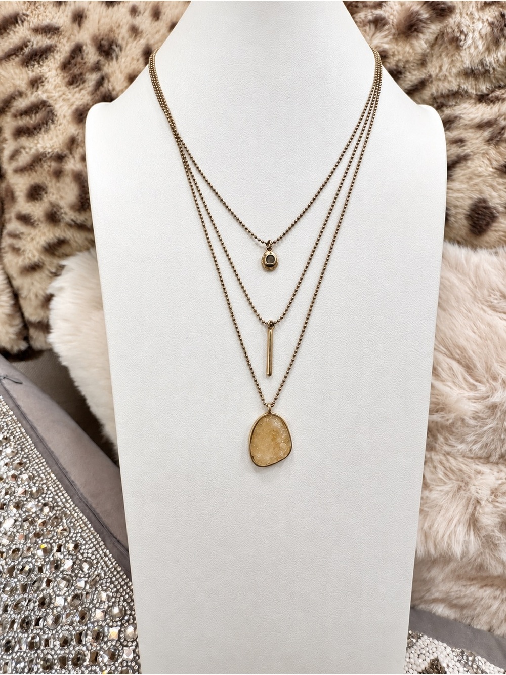 Lucky Brand Layered Gold Necklace with Druzy Pendant